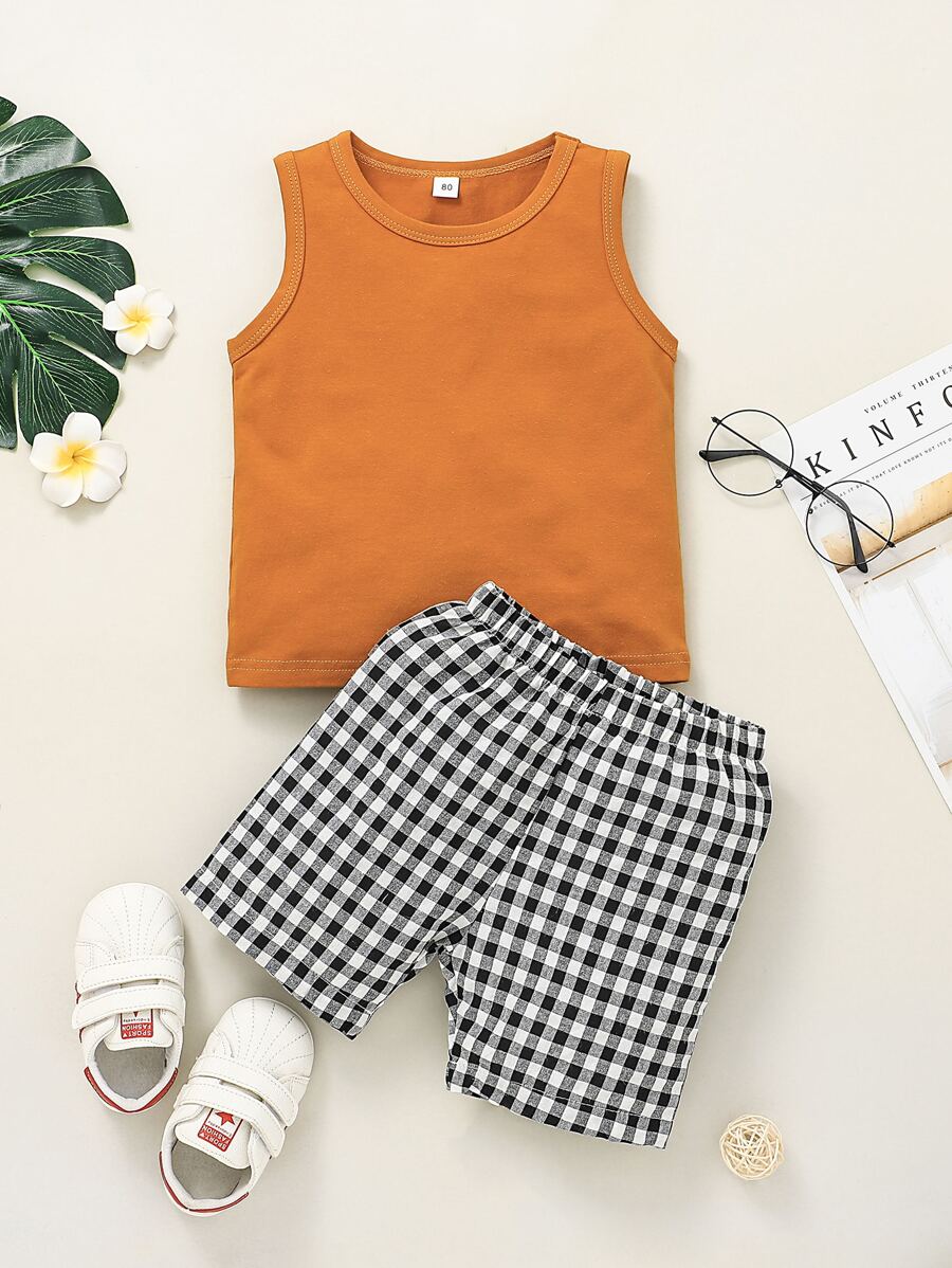 SHEIN Toddler Boys Tank Top & Gingham Print Shorts - Multicolor - View 1