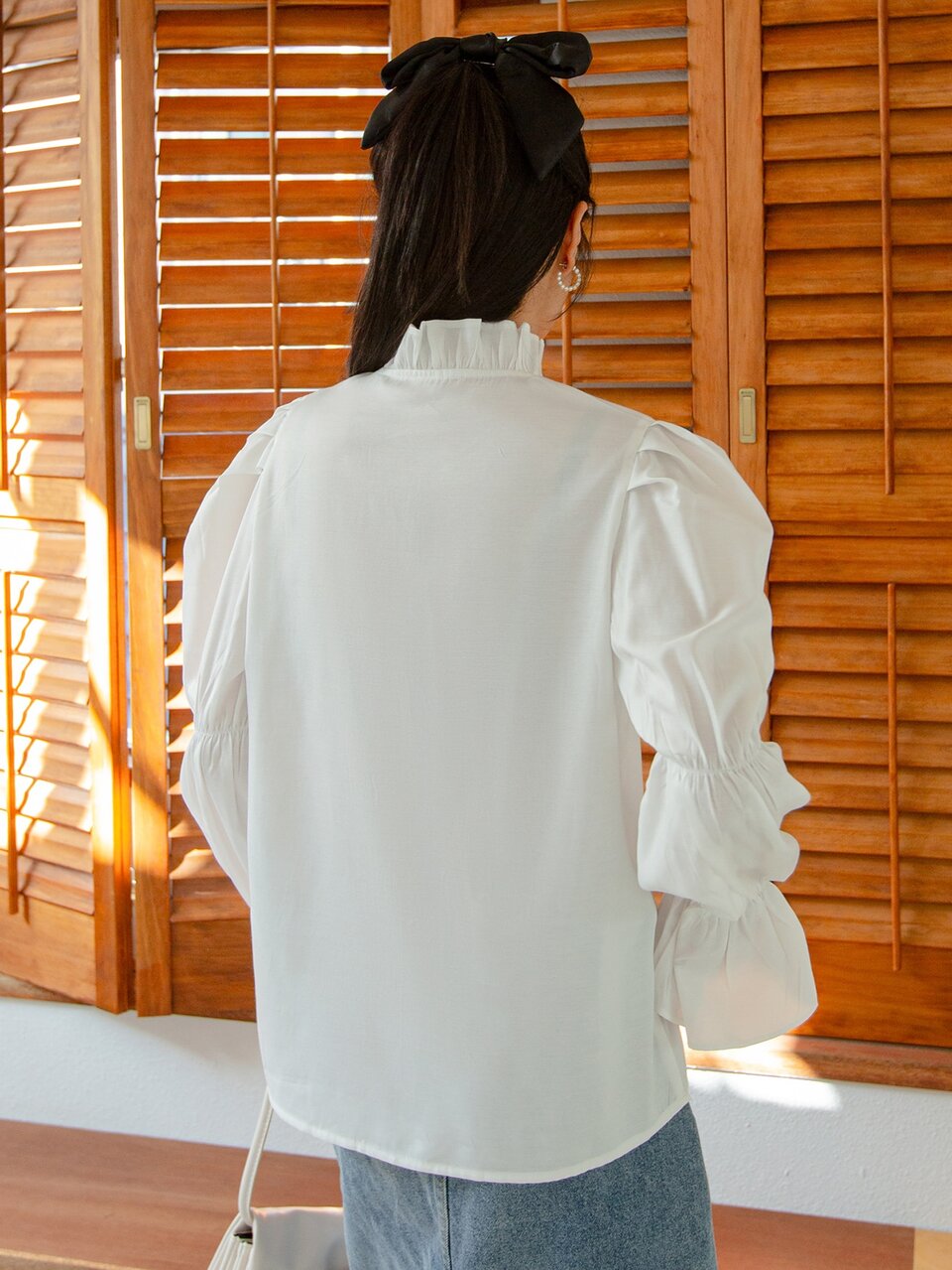 Gathered Sleeve Frilled Tie Neck Blouse