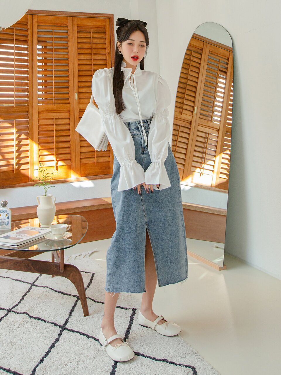 Gathered Sleeve Frilled Tie Neck Blouse