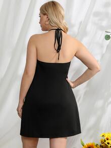 SHEIN Unity Plus Keyhole Neck Tie Backless Halter Dress - Black - View 2