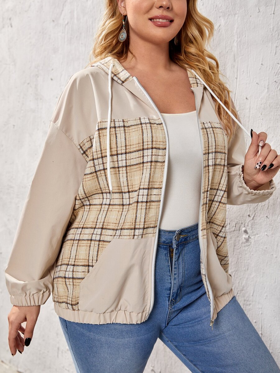 Mulvari 大碼格紋落肩袖抽繩拉鍊連帽夾克 - 彩色 - 查看 1