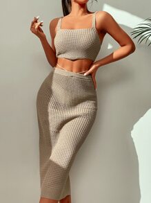 SHEIN Swim Chicsea Knitted Slit Thigh Cover Up - Khaki - View 5