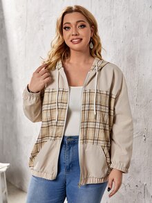 Mulvari 大碼格紋落肩袖抽繩拉鍊連帽夾克 - 彩色 - 查看 3