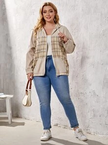 Mulvari 大碼格紋落肩袖抽繩拉鍊連帽夾克 - 彩色 - 查看 4