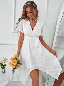 Đầm Bất đối xứng Thắt lưng màu trơn Thanh lịch - trắng - Xem 1