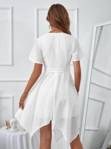 Đầm Bất đối xứng Thắt lưng màu trơn Thanh lịch - trắng - Xem 2