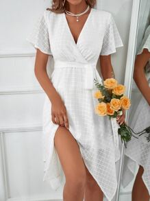 Đầm Bất đối xứng Thắt lưng màu trơn Thanh lịch - trắng - Xem 3