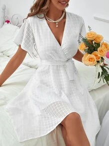 Đầm Bất đối xứng Thắt lưng màu trơn Thanh lịch - trắng - Xem 4