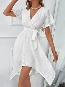 Đầm Bất đối xứng Thắt lưng màu trơn Thanh lịch - trắng - Xem 5