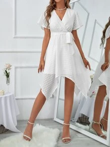 Đầm Bất đối xứng Thắt lưng màu trơn Thanh lịch - trắng - Xem 6