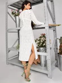 SHEIN VCAY Botanical Print Flounce Sleeve Split Thigh Dress - White - View 2