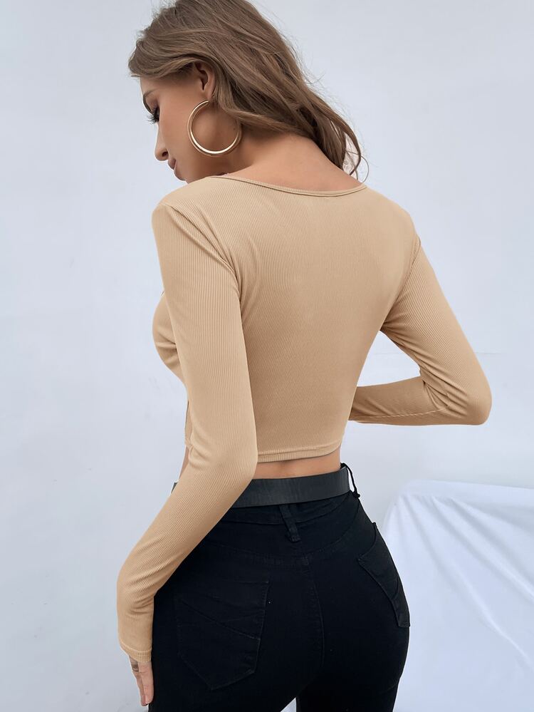 SHEIN Privé Contrast Mesh Square Neck Crop Tee - Khaki - View 2