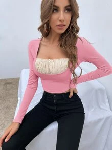 SHEIN Privé Contrast Mesh Crop Skinny Tee - Pink - View 1