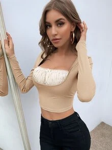 SHEIN Privé Contrast Mesh Square Neck Crop Tee - Khaki - View 5
