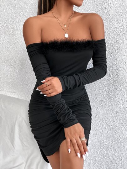 Fuzzy Trim Off Shoulder Bodycon Dress