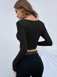 SHEIN Privé 網紗拼接方領短款T恤 - 黑色 - 查看 2