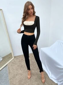 SHEIN Privé 網紗拼接方領短款T恤 - 黑色 - 查看 3