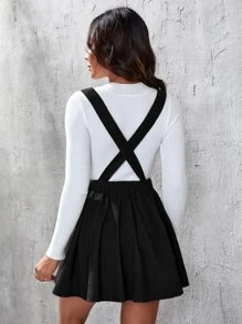 SHEIN EZwear Váy liền quần vải nhung kẻ chéo lưng không có áo, váy liền quần vải nhung kẻ chéo không tay dáng thường ngày cho nữ, váy ngắn màu đen, váy ngắn trơn cho nữ, mùa xuân/thu, trang phục thường ngày - màu đen - Xem 2