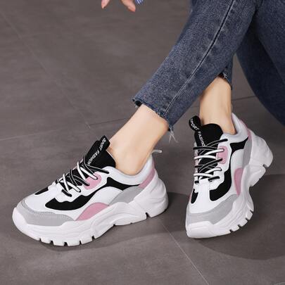 Colorblock Letter Graphic Lace-up Front Chunky Sneakers