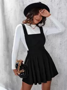 SHEIN EZwear Váy liền quần vải nhung kẻ chéo lưng không có áo, váy liền quần vải nhung kẻ chéo không tay dáng thường ngày cho nữ, váy ngắn màu đen, váy ngắn trơn cho nữ, mùa xuân/thu, trang phục thường ngày - màu đen - Xem 3