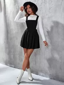 SHEIN EZwear Váy liền quần vải nhung kẻ chéo lưng không có áo, váy liền quần vải nhung kẻ chéo không tay dáng thường ngày cho nữ, váy ngắn màu đen, váy ngắn trơn cho nữ, mùa xuân/thu, trang phục thường ngày - màu đen - Xem 4