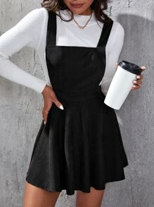 SHEIN EZwear Váy liền quần vải nhung kẻ chéo lưng không có áo, váy liền quần vải nhung kẻ chéo không tay dáng thường ngày cho nữ, váy ngắn màu đen, váy ngắn trơn cho nữ, mùa xuân/thu, trang phục thường ngày - màu đen - Xem 5