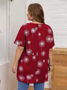 Mulvari Plus Burgundy Red Dandelion Print Longline Blouse, Summer - Burgundy - View 2