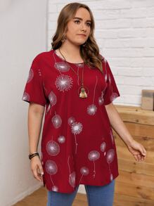 Mulvari Plus Burgundy Red Dandelion Print Longline Blouse, Summer - Burgundy - View 3