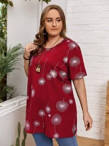 Mulvari Plus Burgundy Red Dandelion Print Longline Blouse, Summer - Burgundy - View 4