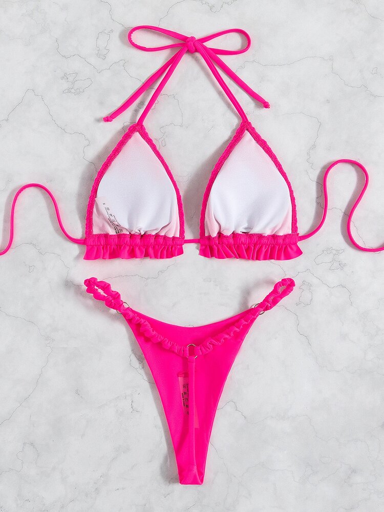 褶皺胸口荷葉邊露背比基尼 - 玫紅色 - 查看 2