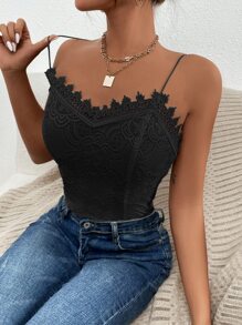 SHEIN BAE Solid Contrast Lace Cami Top - Black - View 1