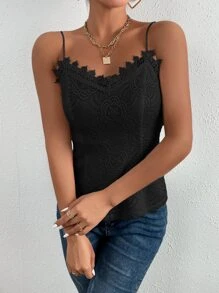 SHEIN BAE Solid Contrast Lace Cami Top - Black - View 3