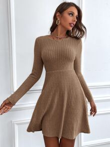 Ribbed Knit A-line Dress - Mocha Brown - View 1