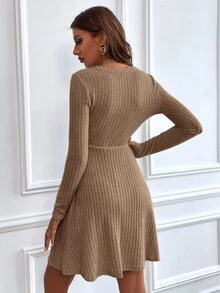 Ribbed Knit A-line Dress - Mocha Brown - View 2
