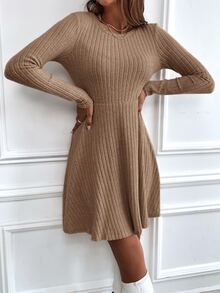 Ribbed Knit A-line Dress - Mocha Brown - View 5