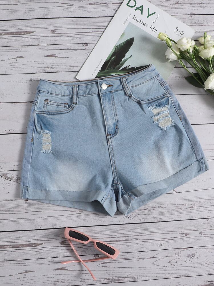 SHEIN Ripped Roll Up Hem Denim Shorts - Light Wash - View 1