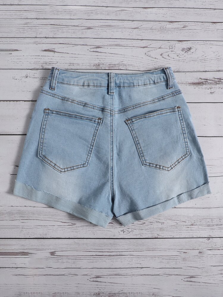 SHEIN Ripped Roll Up Hem Denim Shorts - Light Wash - View 2