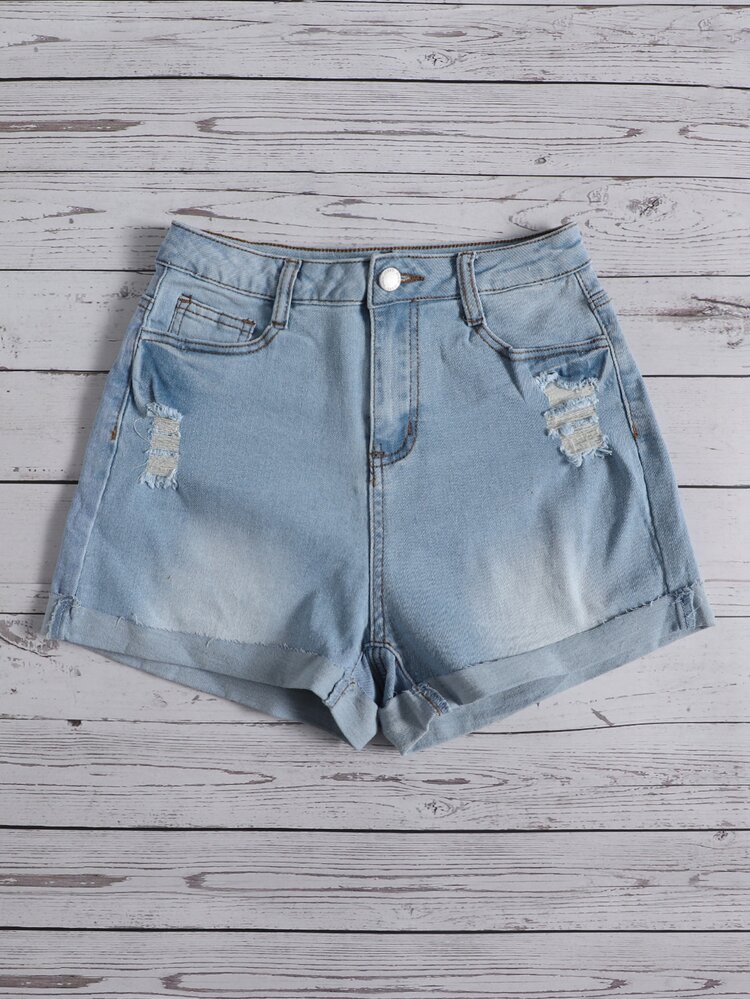 SHEIN Ripped Roll Up Hem Denim Shorts - Light Wash - View 4
