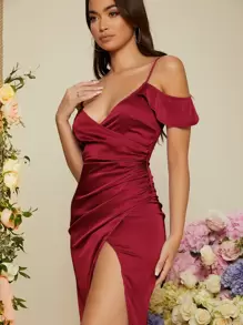 SHEIN Belle Burgundy Red Cold Shoulder Ruched Slit Thigh Satin Prom Bridesmaid Dress - Burgundy - View 5