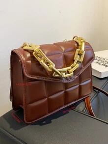 Bolso cartera con cadena unicolor en relieve - Café integral - Ver 4