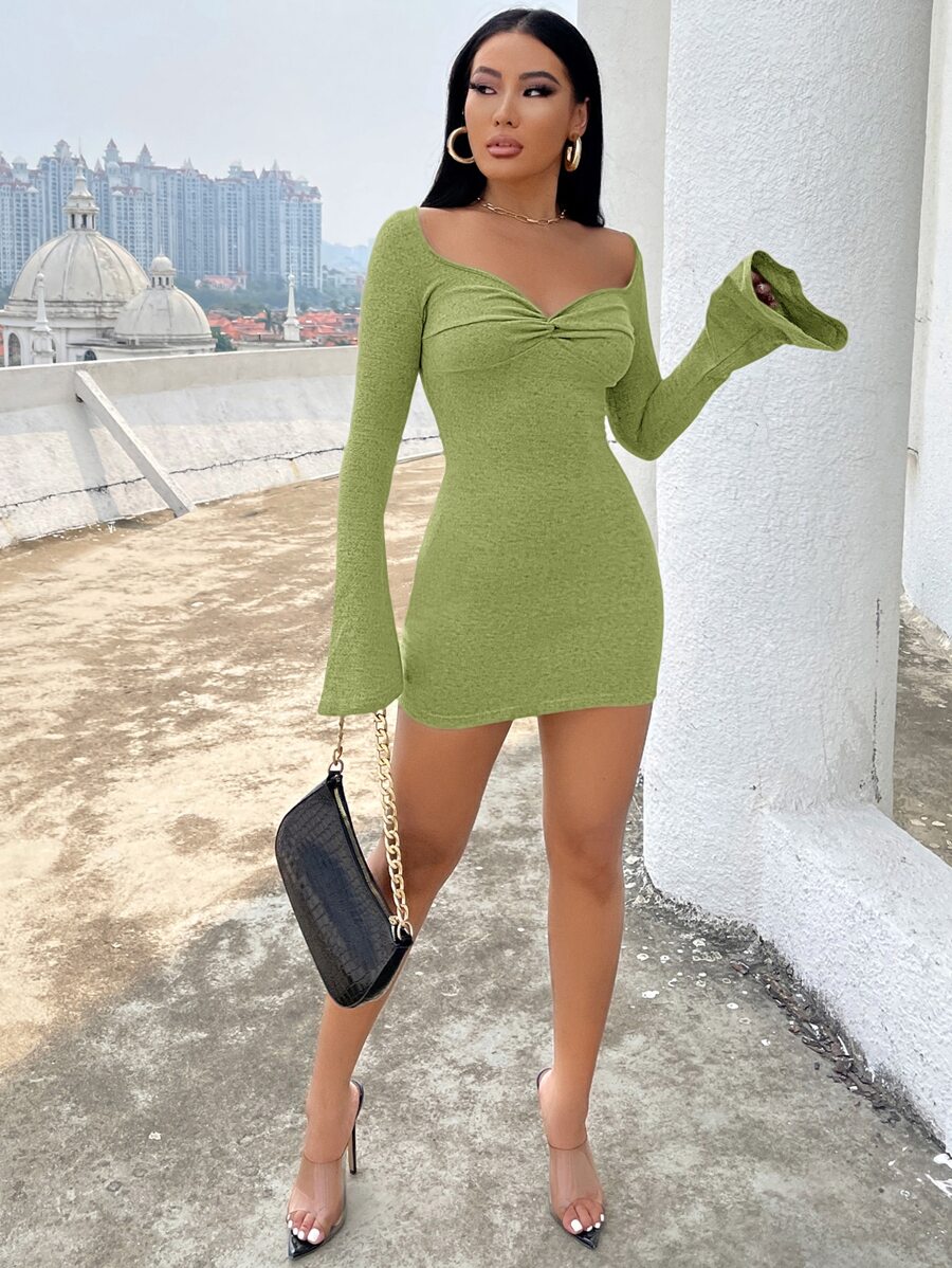 SHEIN SXY Twist Front Flounce Sleeve Bodycon Dress - Lime Green - View 1