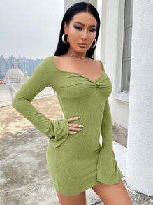 SHEIN SXY Twist Front Flounce Sleeve Bodycon Dress - Lime Green - View 5