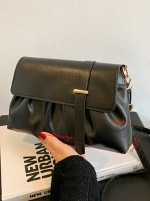 Metal Decor Ruched Design Flap Crossbody Bag - Black - View 8