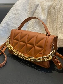 鏈條裝飾紋理質感方包 - 棕色 - 查看 7