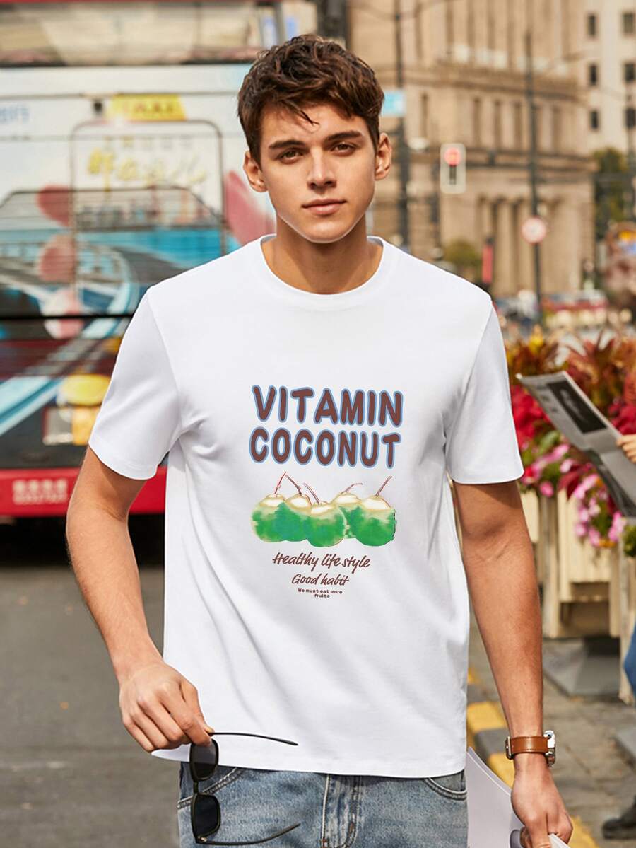 Hombres Camiseta con estampado de slogan de cuello redondo - Blanco - Ver 1