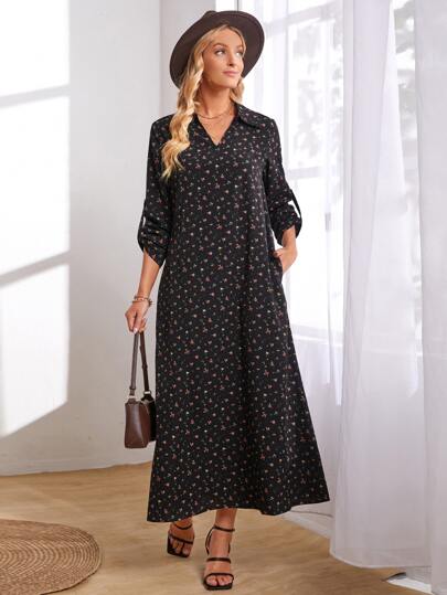 Ditsy Floral Roll Tab Sleeve Tunic Dress
