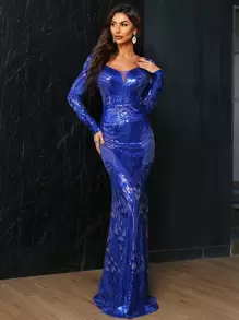 Missord Contrast Mesh Sequins Bodycon Prom Dress - Royal Blue - View 2