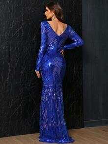 Missord Contrast Mesh Sequins Bodycon Prom Dress - Royal Blue - View 3