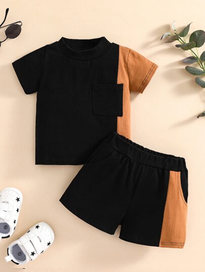 Baby Color Block Patched Pocket Tee & Shorts