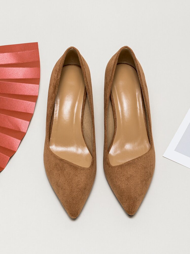 Suedette Stiletto Heeled Court Pumps - Brown - View 1
